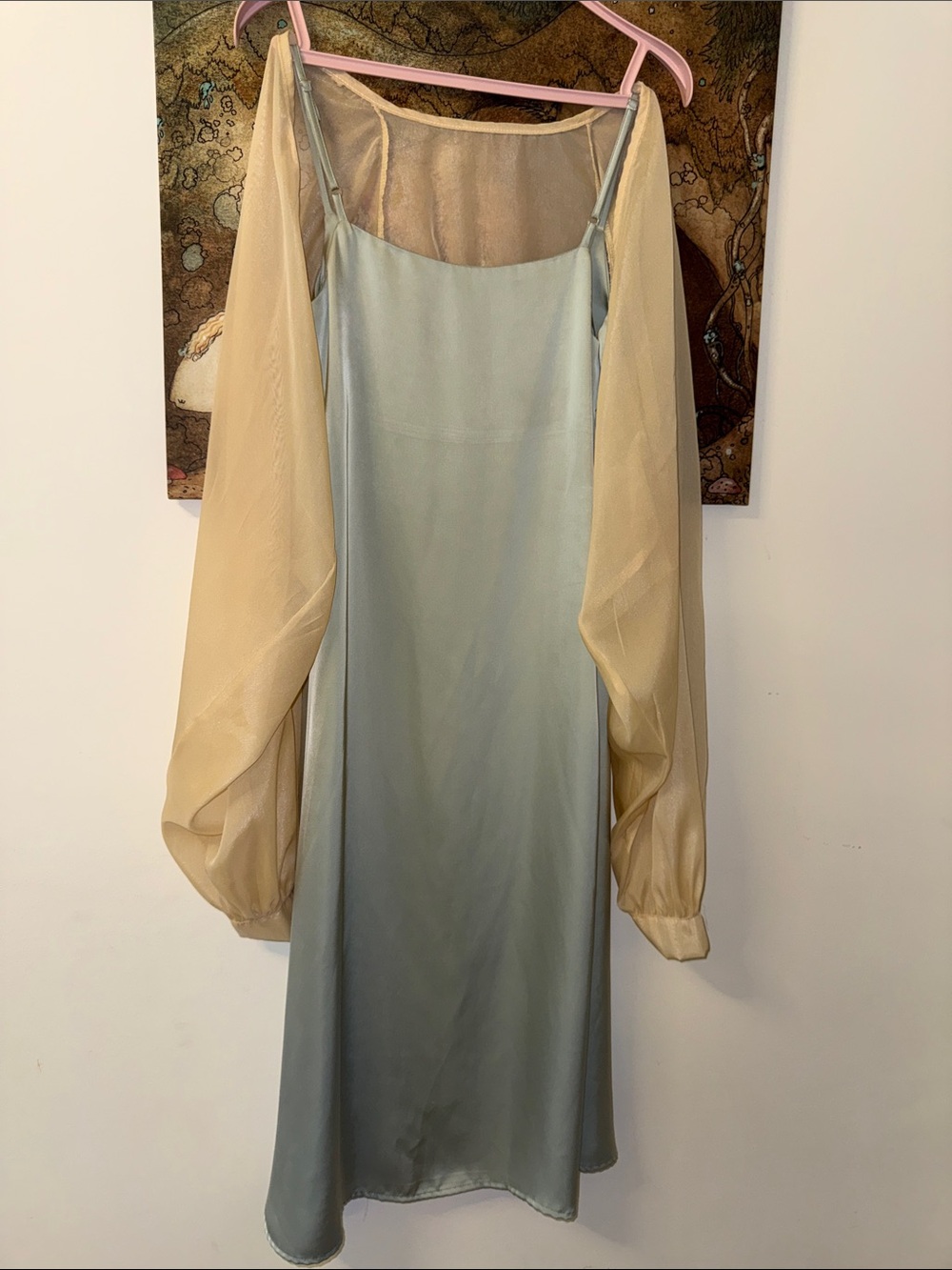 2-Piece Tiffany Blue Slip Maxi Dress + Cream Organza Puff Sleeve Shrug Set